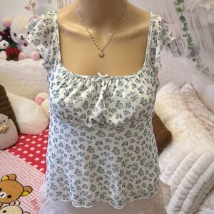 See You Monday White Floral Blue Print Ruffle Strap Camisole